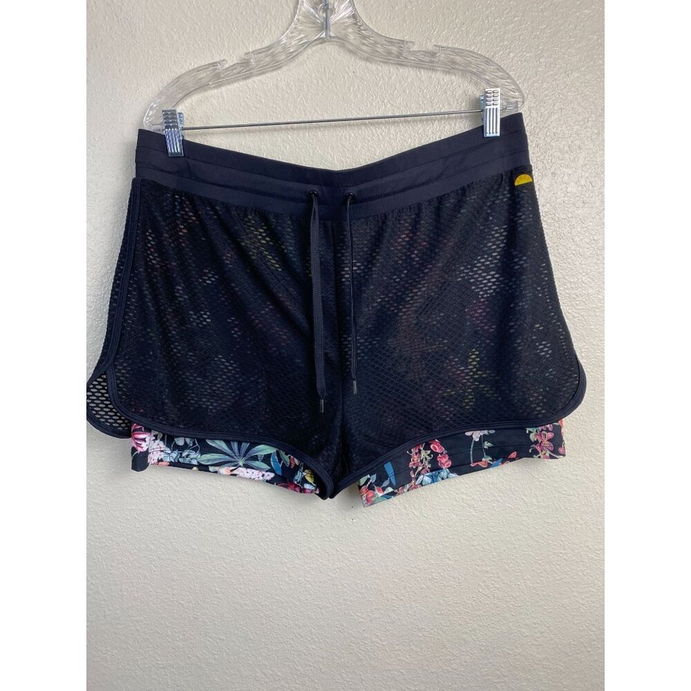C&C California Shorts Womens XL Black Pull on Drawstring Mesh Floral Athleisure